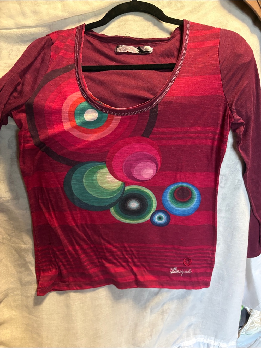 Desigual Magenta Long Sleeve Scoop Neck Top with Multicolor Target Circles